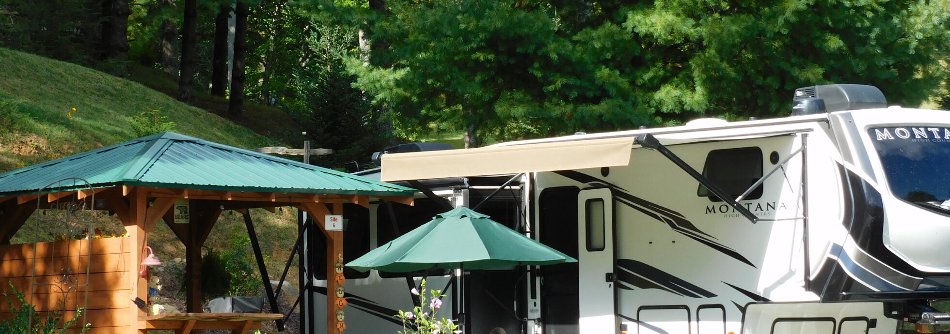 Picture of campsite, with RV backed in, and umbrella showing.